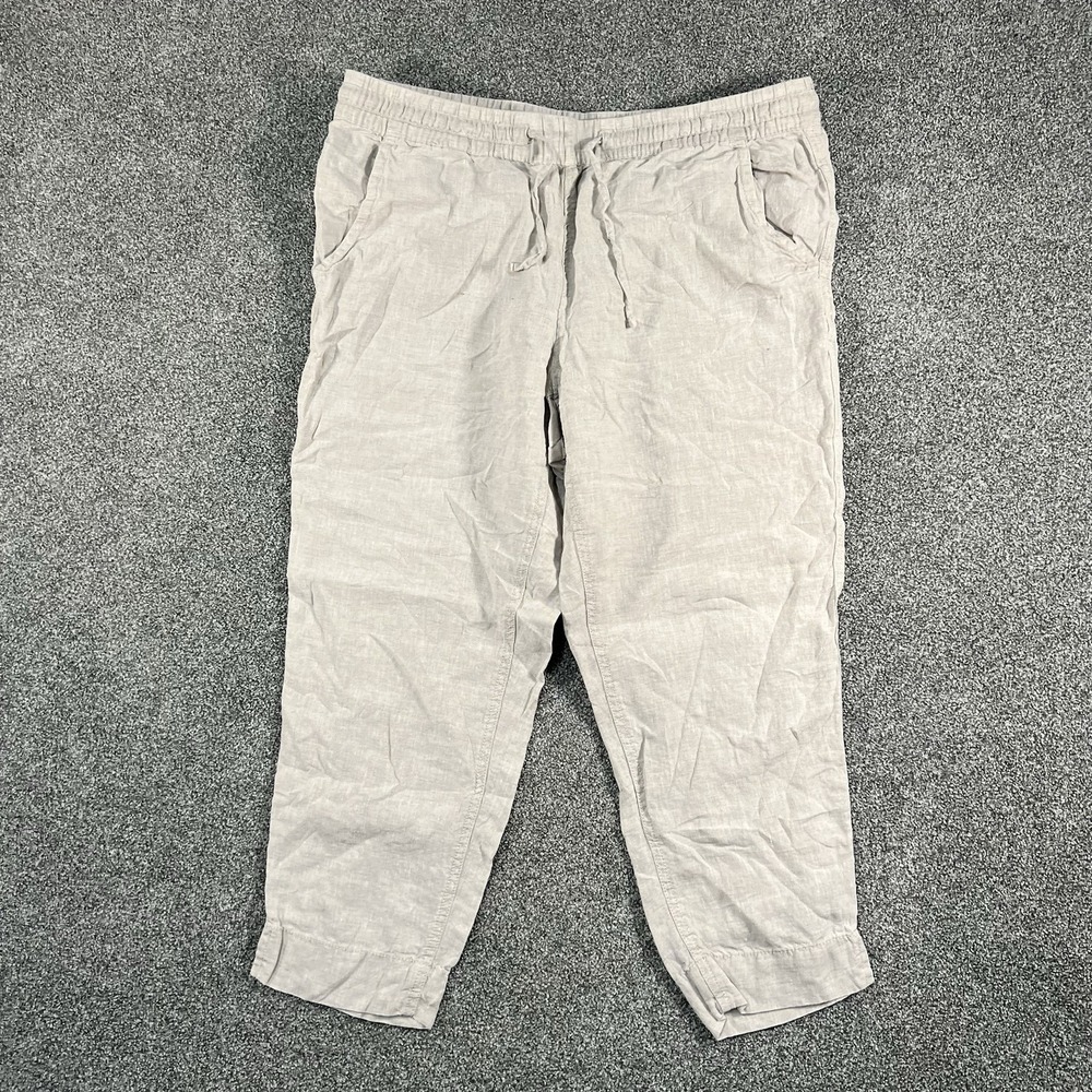 L.L.Bean Womens 12 Petite Linen Pants Beige Pull On Drawstring Casual